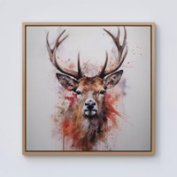 Warren Reed - Designer Watercolour Splashart Stag Face Framed Canvas in Light Brown | Size: w10 inch x h10 inch