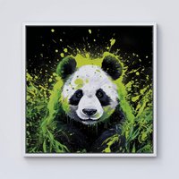 Warren Reed - Designer Green Splashart Panda Face Framed Canvas in Off-White | Size: w10 inch x h10 inch