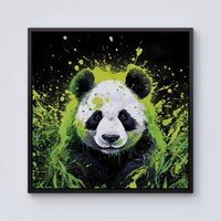 Warren Reed - Designer Green Splashart Panda Face Framed Canvas in Black | Size: W16" x H16"