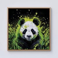 Warren Reed - Designer Green Splashart Panda Face Framed Canvas in Light Brown | Size: W30" x H30"