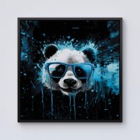 Warren Reed - Designer Blue Splashart Panda Face Framed Canvas in Black | Size: w40 inch x h40 inch