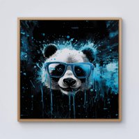 Warren Reed - Designer Blue Splashart Panda Face Framed Canvas in Light Brown | Size: w40 inch x h40 inch