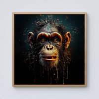 Warren Reed - Designer Splashart Monkey Face Framed Canvas in Light Brown | Size: w10 inch x h10 inch
