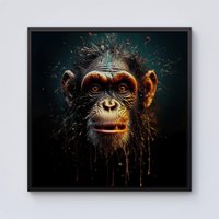 Warren Reed - Designer Splashart Monkey Face Framed Canvas in Black | Size: W16" x H16"