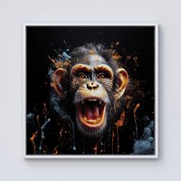 Warren Reed - Designer Monkey Face Splashart Framed Canvas in Off-White | Size: W30" x H30"
