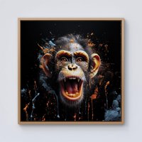Warren Reed - Designer Monkey Face Splashart Framed Canvas in Light Brown | Size: W30" x H30"