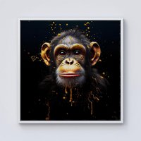 Warren Reed - Designer Splashart Cheeky Chimp Face Framed Canvas in Off-White | Size: w10 inch x h10 inch