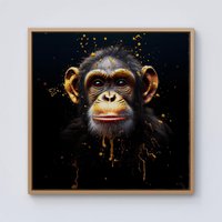 Warren Reed - Designer Splashart Cheeky Chimp Face Framed Canvas in Light Brown | Size: w10 inch x h10 inch