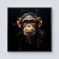 Warren Reed - Designer Splashart Cheeky Chimp Face Framed Canvas in Black | Size: w40 inch x h40 inch
