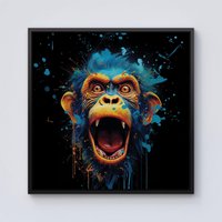 Warren Reed - Designer Crazy Monkey face Splashart Framed Canvas in Black | Size: W16" x H16"