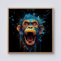 Warren Reed - Designer Crazy Monkey face Splashart Framed Canvas in Light Brown | Size: W30" x H30"