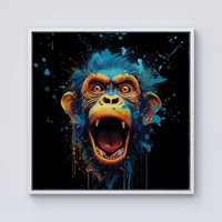 Warren Reed - Designer Crazy Monkey face Splashart Framed Canvas in Off-White | Size: w40 inch x h40 inch