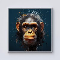 Warren Reed - Designer Splashart Realistic Monkey Face Framed Canvas in Off-White | Size: w10 inch x h10 inch