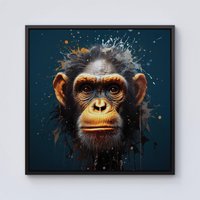 Warren Reed - Designer Splashart Realistic Monkey Face Framed Canvas in Black | Size: W16" x H16"
