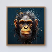 Warren Reed - Designer Splashart Realistic Monkey Face Framed Canvas in Light Brown | Size: w40 inch x h40 inch