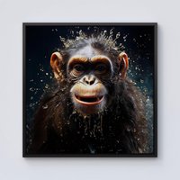 Warren Reed - Designer Realistic Monkey Face Splashart Framed Canvas in Black | Size: w10 inch x h10 inch
