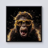 Warren Reed - Designer Splashart Monkey Face With Yellow Glasses Framed Canvas in Black | Size: w10 inch x h10 inch