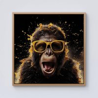 Warren Reed - Designer Splashart Monkey Face With Yellow Glasses Framed Canvas in Light Brown | Size: w40 inch x h40 inch