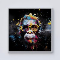 Warren Reed - Designer Coloured Splashart Monkey Face with Glasses Framed Canvas in Off-White | Size: w10 inch x h10 inch