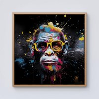 Warren Reed - Designer Coloured Splashart Monkey Face with Glasses Framed Canvas in Light Brown | Size: w40 inch x h40 inch