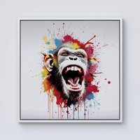 Warren Reed - Designer Coloured Splashart Crazy Monkey Face Framed Canvas in Off-White | Size: W30" x H30"
