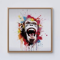 Warren Reed - Designer Coloured Splashart Crazy Monkey Face Framed Canvas in Light Brown | Size: w40 inch x h40 inch