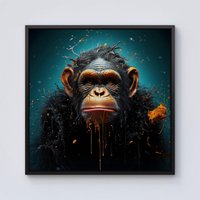 Warren Reed - Designer Monkey Face Splashart Blue Framed Canvas in Black | Size: W16" x H16"