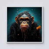 Warren Reed - Designer Monkey Face Splashart Blue Framed Canvas in Off-White | Size: w40 inch x h40 inch