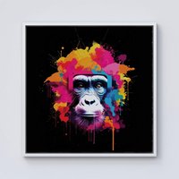 Warren Reed - Designer Multi Coloured Monkey Face Framed Canvas in Off-White | Size: w40 inch x h40 inch