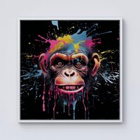 Warren Reed - Designer Multi Coloured Monkey Face Splashart Framed Canvas in Off-White | Size: W30" x H30"