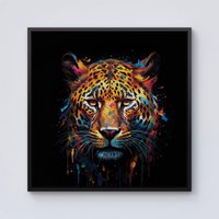 Warren Reed - Designer Splashart Leopard Face Framed Canvas in Black | Size: w10 inch x h10 inch