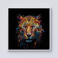 Warren Reed - Designer Splashart Leopard Face Framed Canvas in Off-White | Size: W16" x H16"