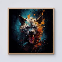 Warren Reed - Designer Splashart Angry Hyena Face Framed Canvas in Light Brown | Size: w10 inch x h10 inch