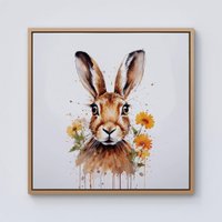 Warren Reed - Designer Watercolour Hare & Daisies Framed Canvas in Light Brown | Size: w10 inch x h10 inch