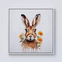 Warren Reed - Designer Watercolour Hare & Daisies Framed Canvas in Off-White | Size: w40 inch x h40 inch