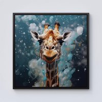 Warren Reed - Designer Splashart Giraffe Face Framed Canvas in Black | Size: w10 inch x h10 inch