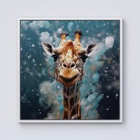 Warren Reed - Designer Splashart Giraffe Face Framed Canvas in Off-White | Size: W16" x H16"