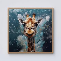 Warren Reed - Designer Splashart Giraffe Face Framed Canvas in Light Brown | Size: W16" x H16"