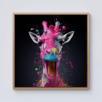 Warren Reed - Designer Splashart Giraffe Face Pink Framed Canvas in Light Brown | Size: W16" x H16"
