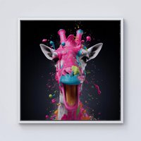 Warren Reed - Designer Splashart Giraffe Face Pink Framed Canvas in Off-White | Size: W30" x H30"
