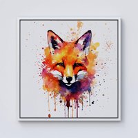 Warren Reed - Designer Watercolour Splashart Fox Face Framed Canvas in Off-White | Size: W30" x H30"