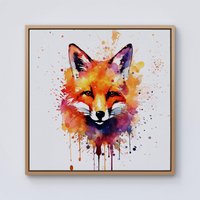 Warren Reed - Designer Watercolour Splashart Fox Face Framed Canvas in Light Brown | Size: W30" x H30"