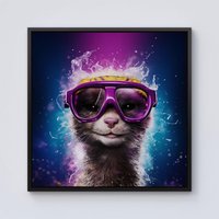 Warren Reed - Designer Splashart Ferret With Glasses Purple Framed Canvas in Black | Size: w10 inch x h10 inch