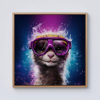 Warren Reed - Designer Splashart Ferret With Glasses Purple Framed Canvas in Light Brown | Size: W16" x H16"