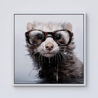 Warren Reed - Designer Splashart Ferret With Glasses Framed Canvas in Off-White | Size: w40 inch x h40 inch