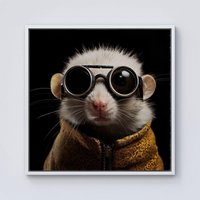Warren Reed - Designer Realistic Doormouse with Glasses Framed Canvas in Off-White | Size: W16" x H16"