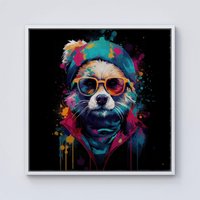 Warren Reed - Designer Multi Coloured Splashart Dog With Glasses Framed Canvas in Off-White | Size: W16" x H16"