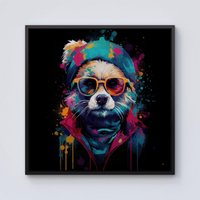 Warren Reed - Designer Multi Coloured Splashart Dog With Glasses Framed Canvas in Black | Size: W30" x H30"