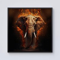 Warren Reed - Designer Splashart Elephant & fire Framed Canvas in Black | Size: W16" x H16"