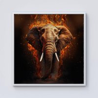 Warren Reed - Designer Splashart Elephant & fire Framed Canvas in Off-White | Size: w40 inch x h40 inch